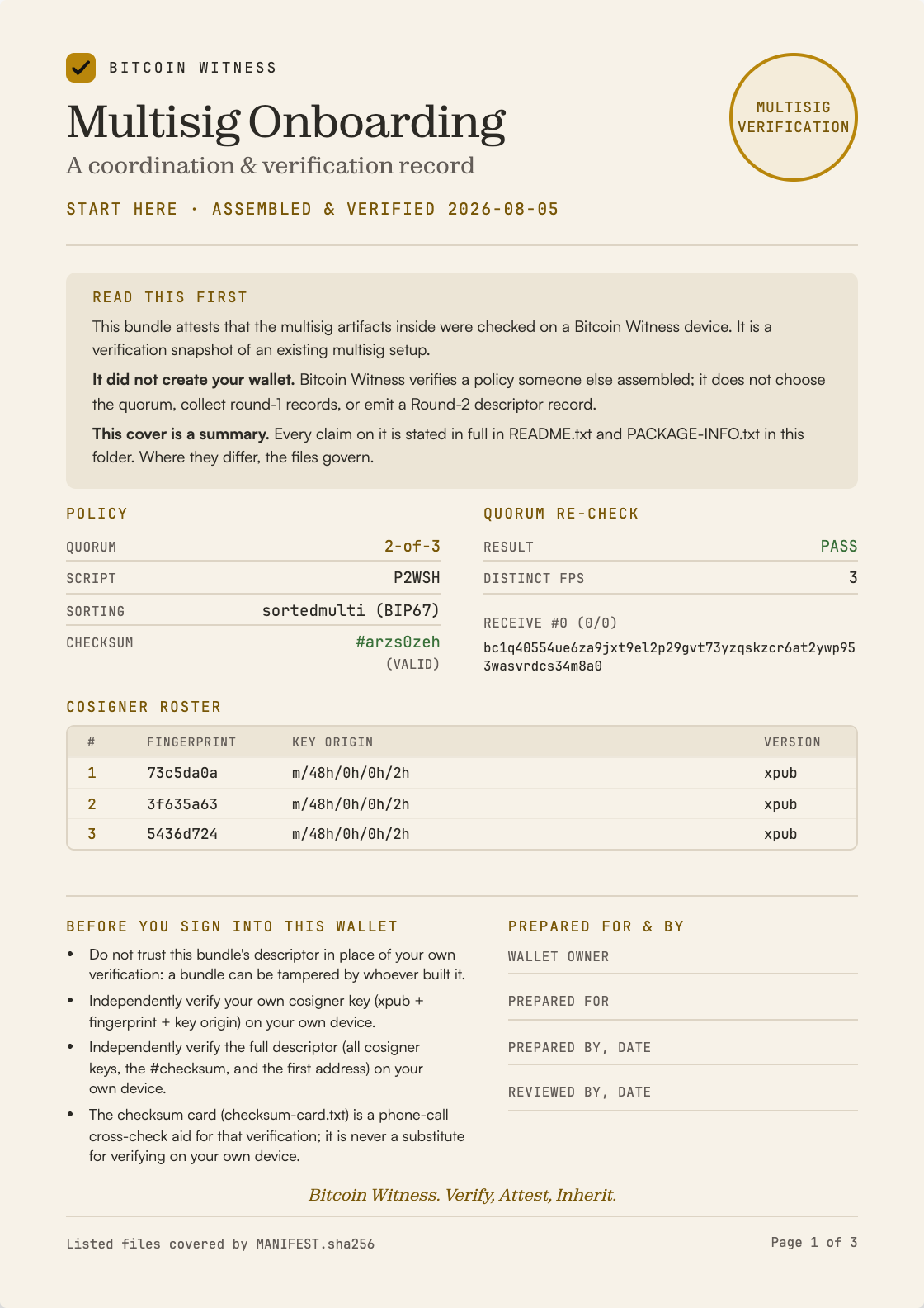 Multisig Onboarding package, first sheet