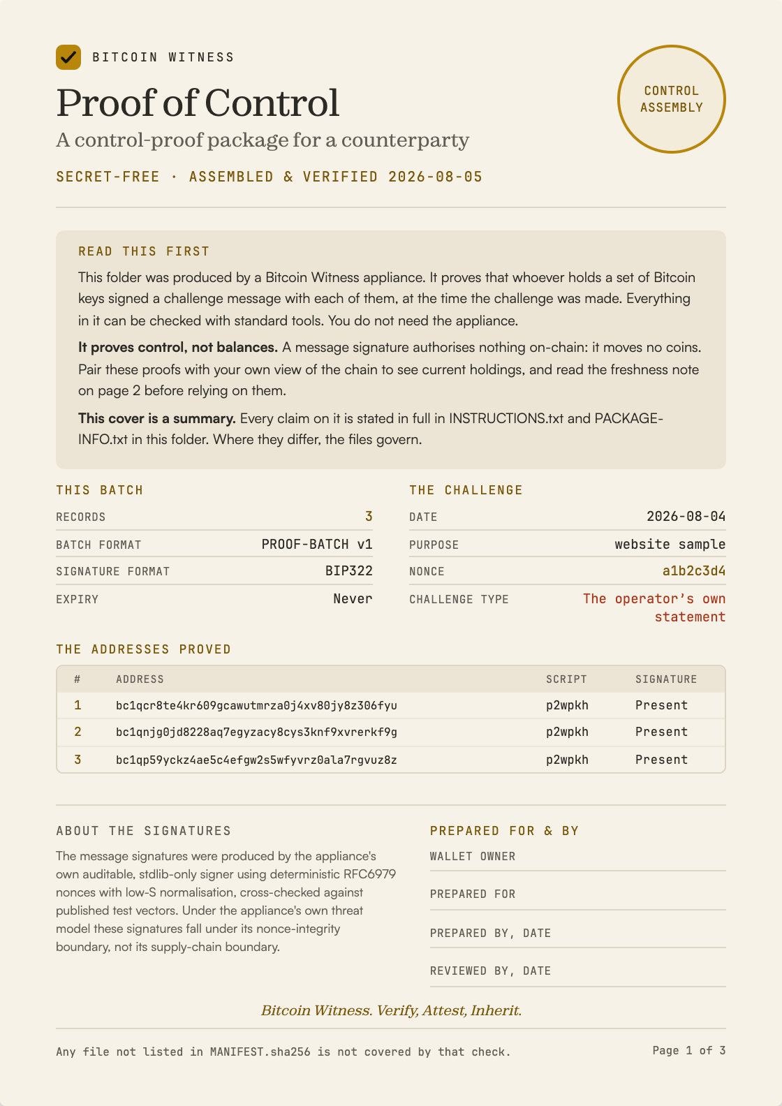 Proof-of-Control package, first sheet