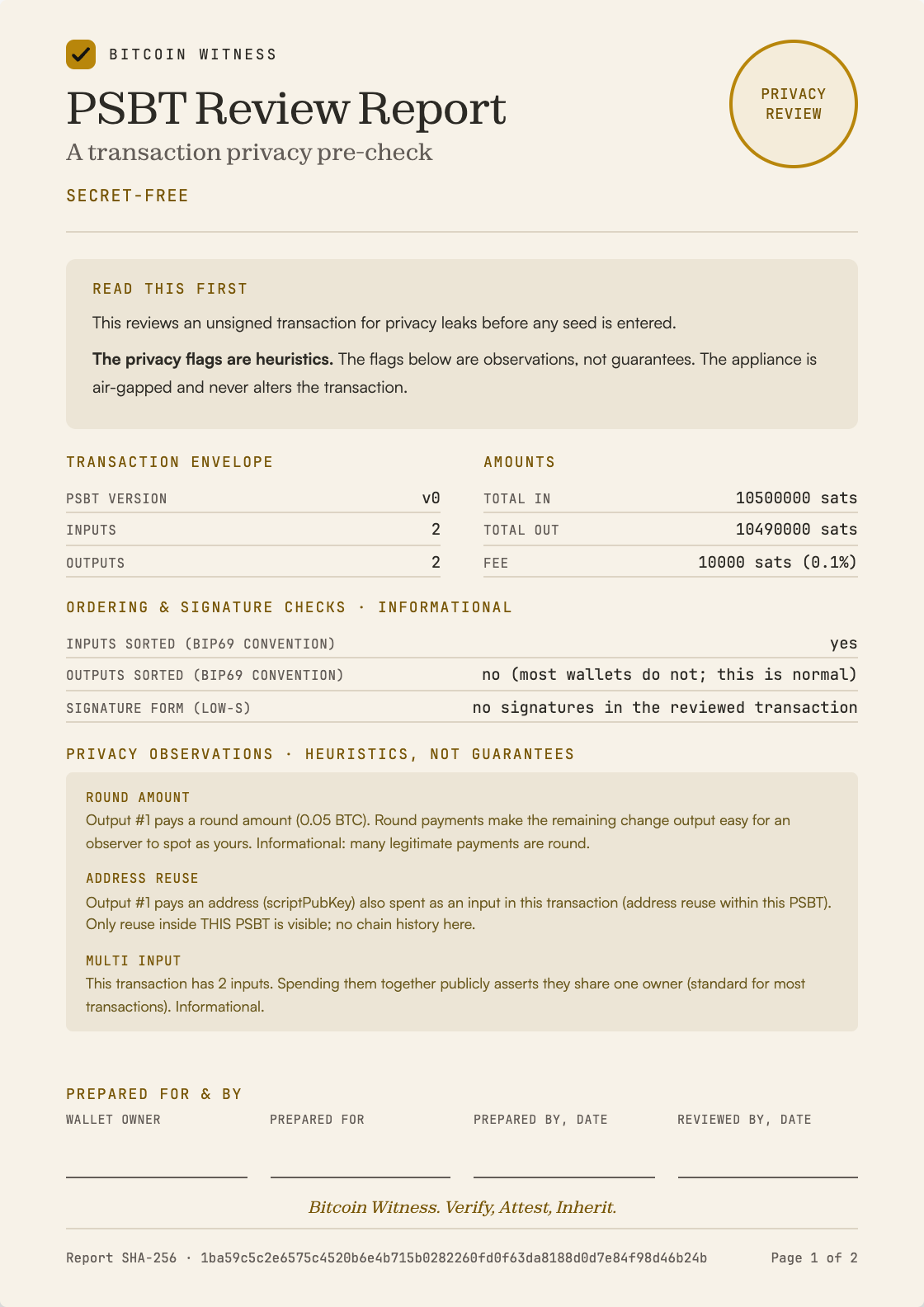 PSBT Review Report, first sheet