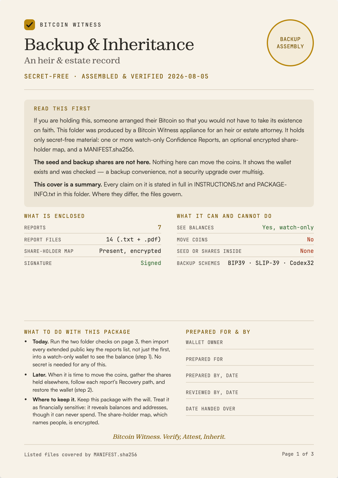 Backup and Inheritance, heir-facing cover sheet, page one of four. Lists what is enclosed, what the package can and cannot do, the steps to take today, and who prepared it. Secret-free.