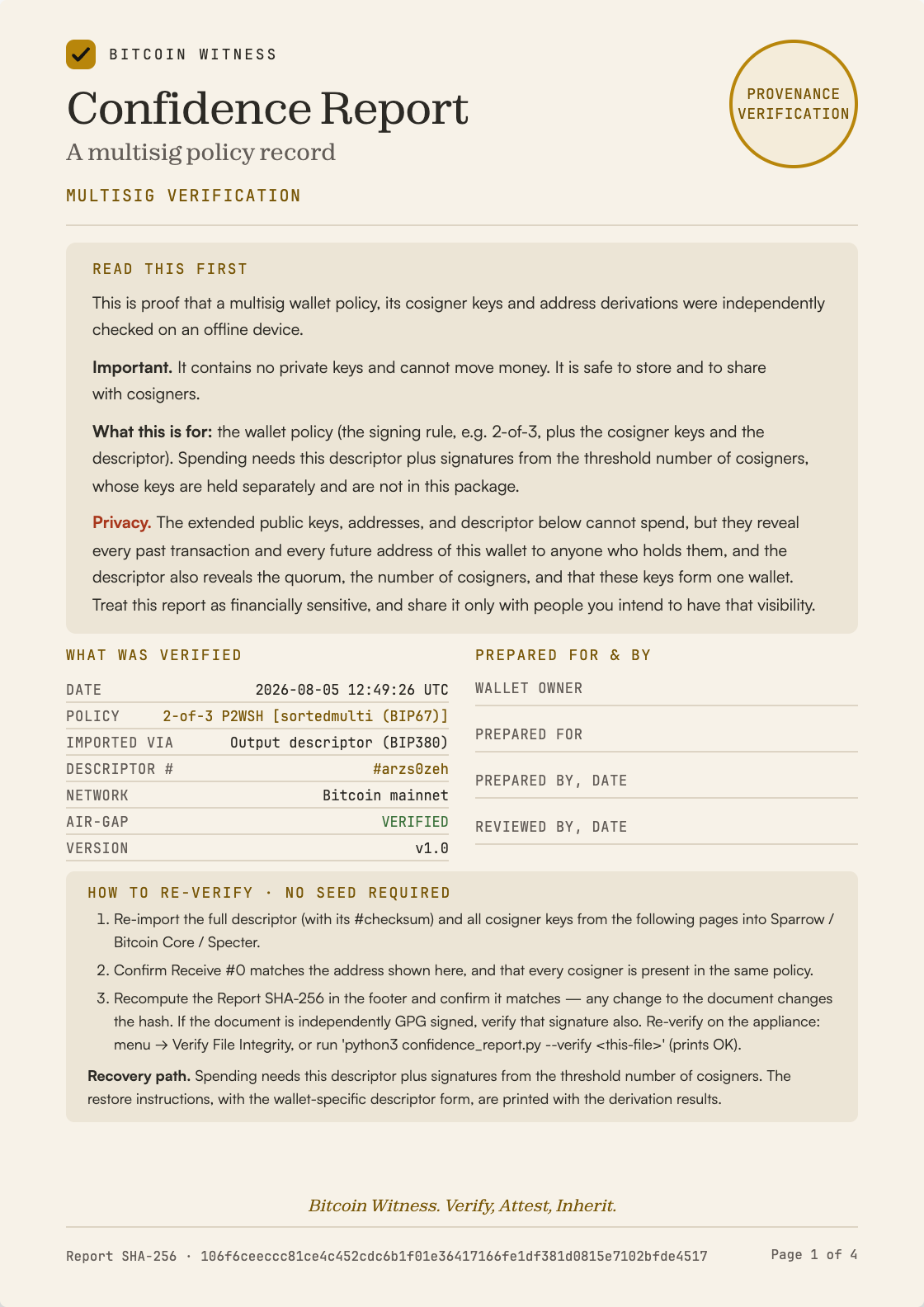 Multisig Confidence Report, first sheet