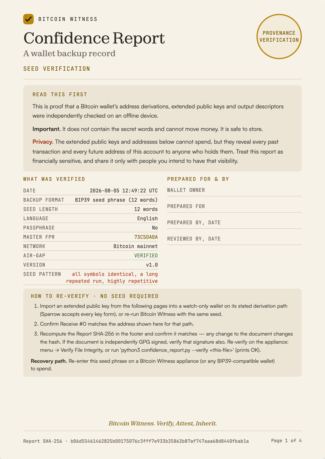Seed Verification Confidence Report, first sheet