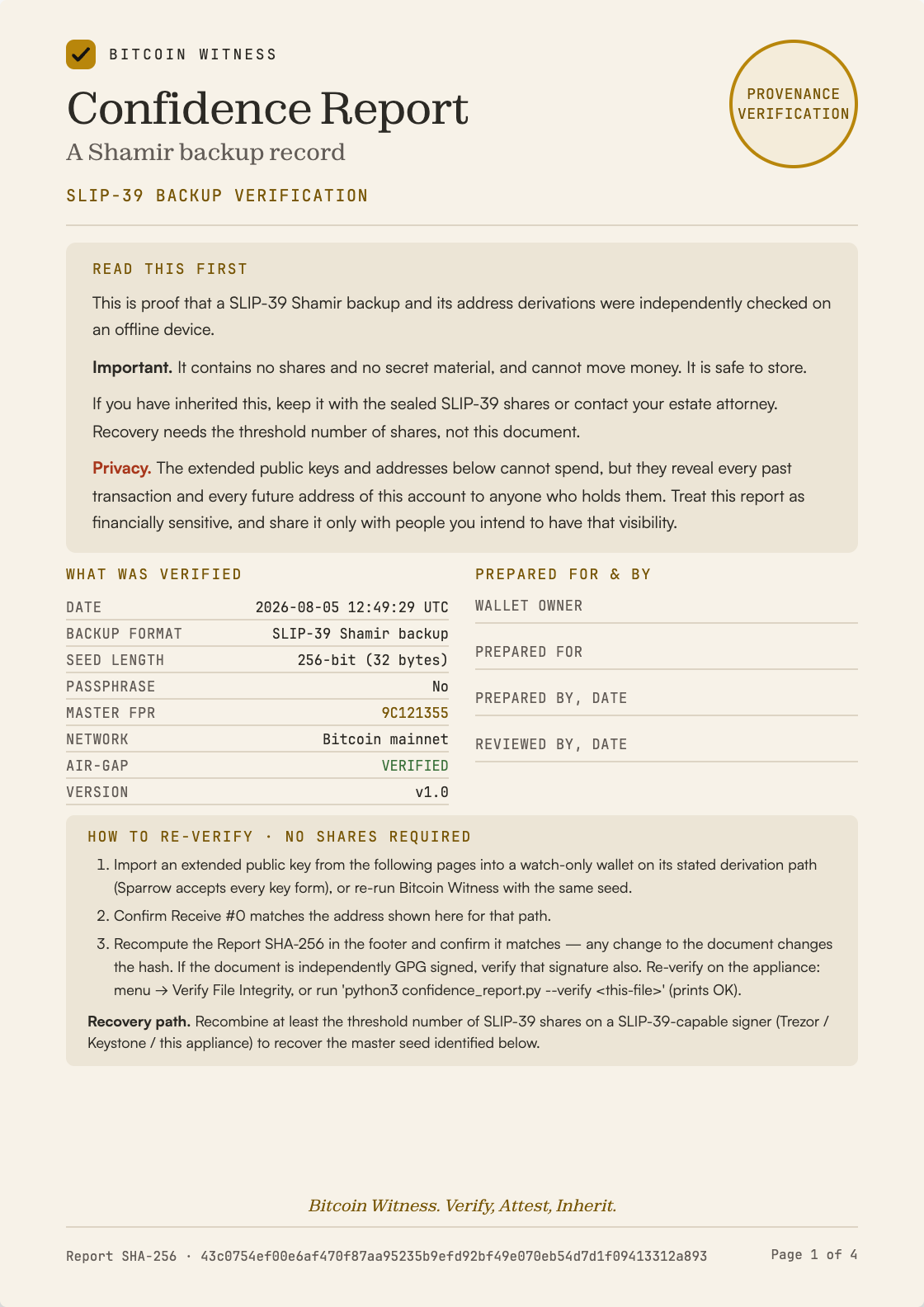 SLIP-39 Backup Verification Confidence Report, first sheet