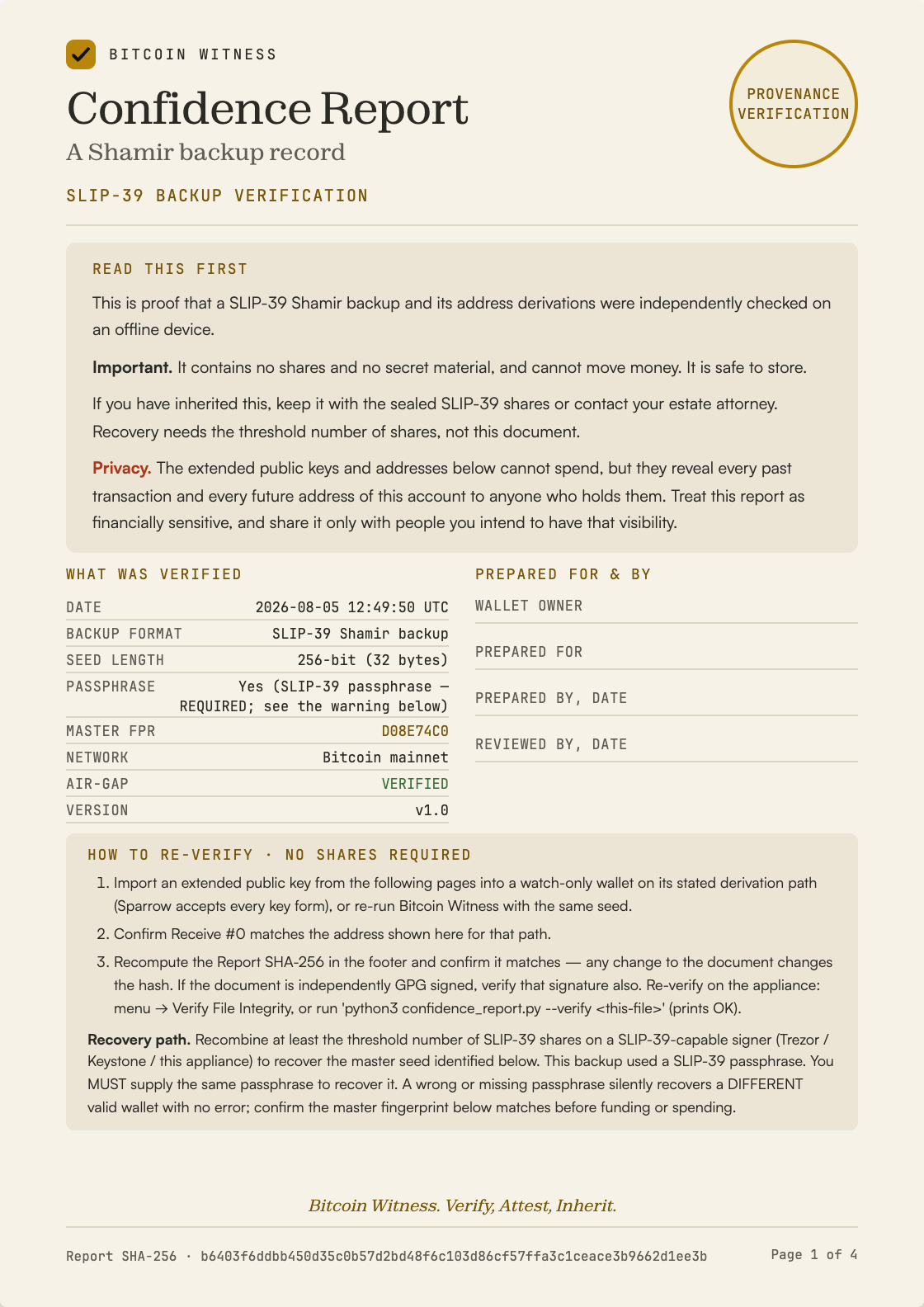 Confidence Report, SLIP-39 Backup Verification, page one of four. Dated 2026-08-05, v1.0, Bitcoin mainnet, air-gap verified. SLIP-39 Shamir backup, 256-bit, a SLIP-39 passphrase was used and is required, master fingerprint D08E74C0. Report SHA-256 begins b6403f6d. The same values are listed as text below on narrow screens.