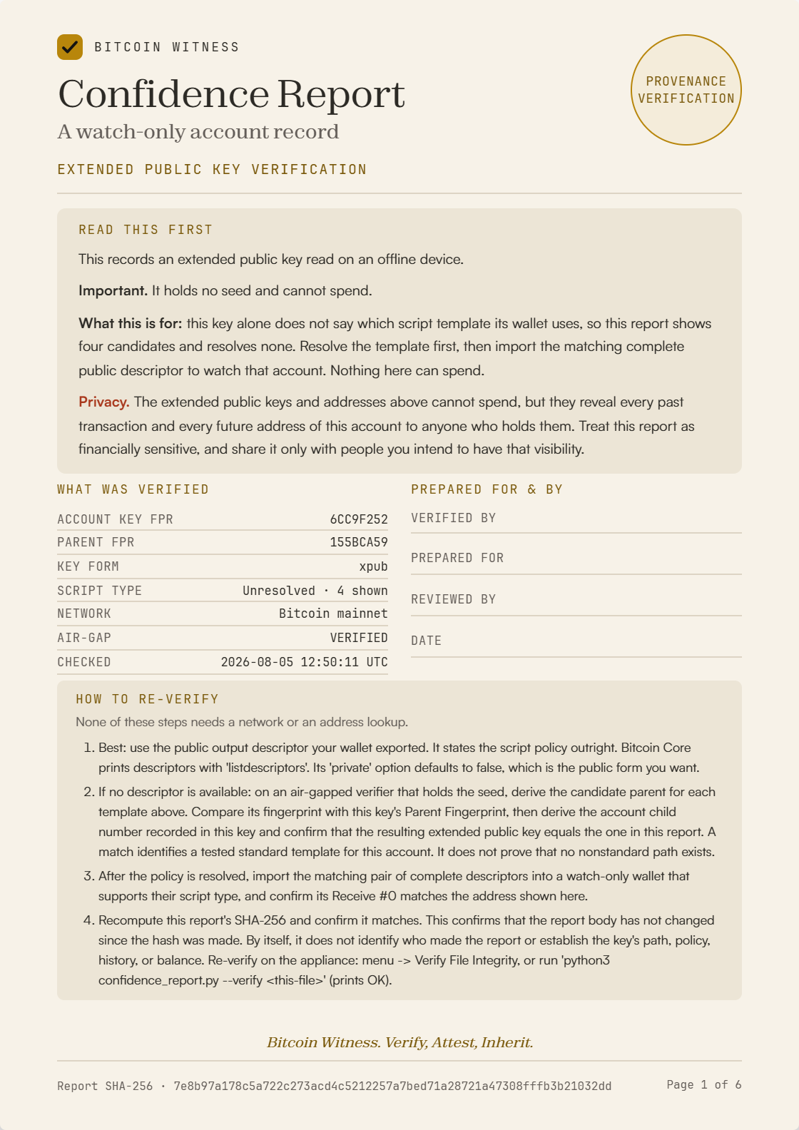 Extended Public Key Verification report, first sheet